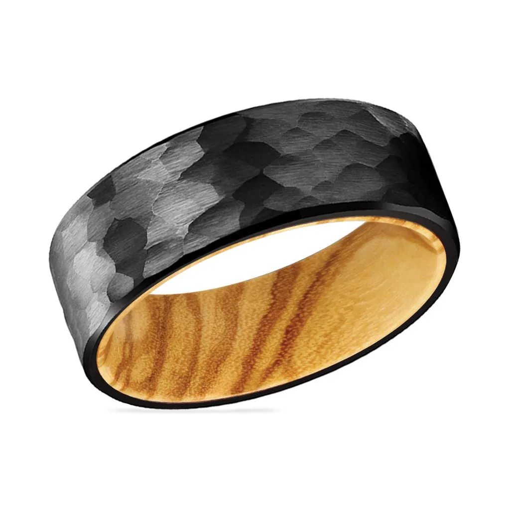 CLEVER | Olive Wood, Black Tungsten Ring, Hammered, Flat