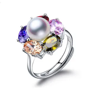 Colorful Flower Wedding Rings 925 Sterling Silver Jewelry Natural ruby jewelry Big Pearl Adjustable Rings For Women