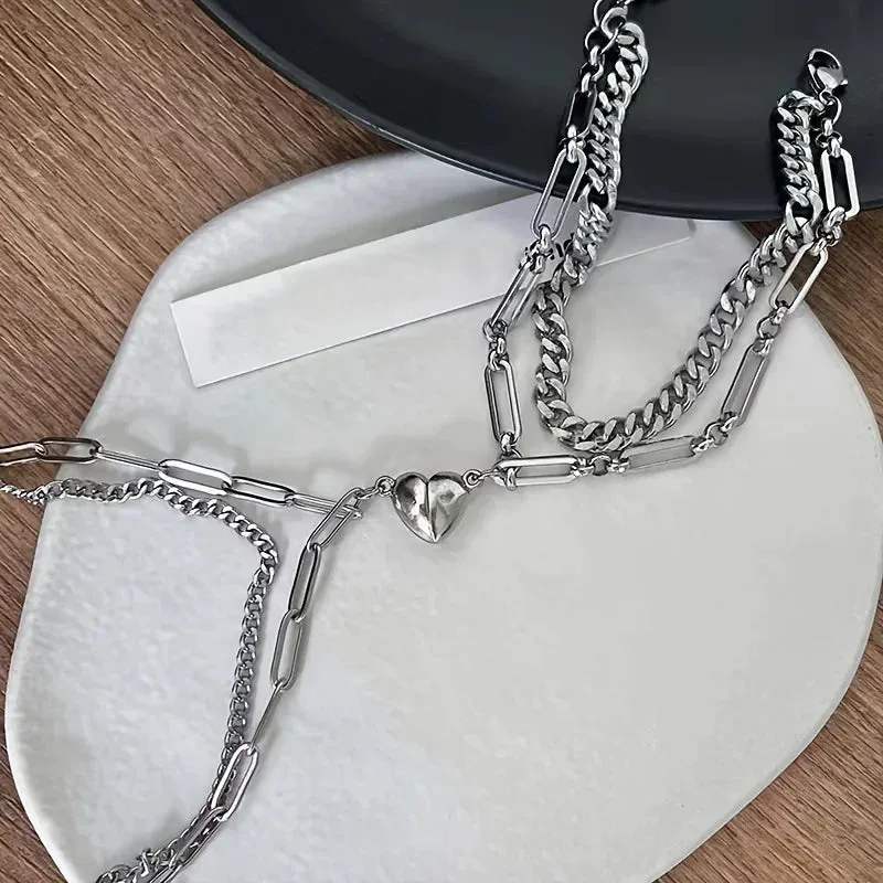Couples Magnetic Heart Cuban & Paperclip Chain Bracelet Set