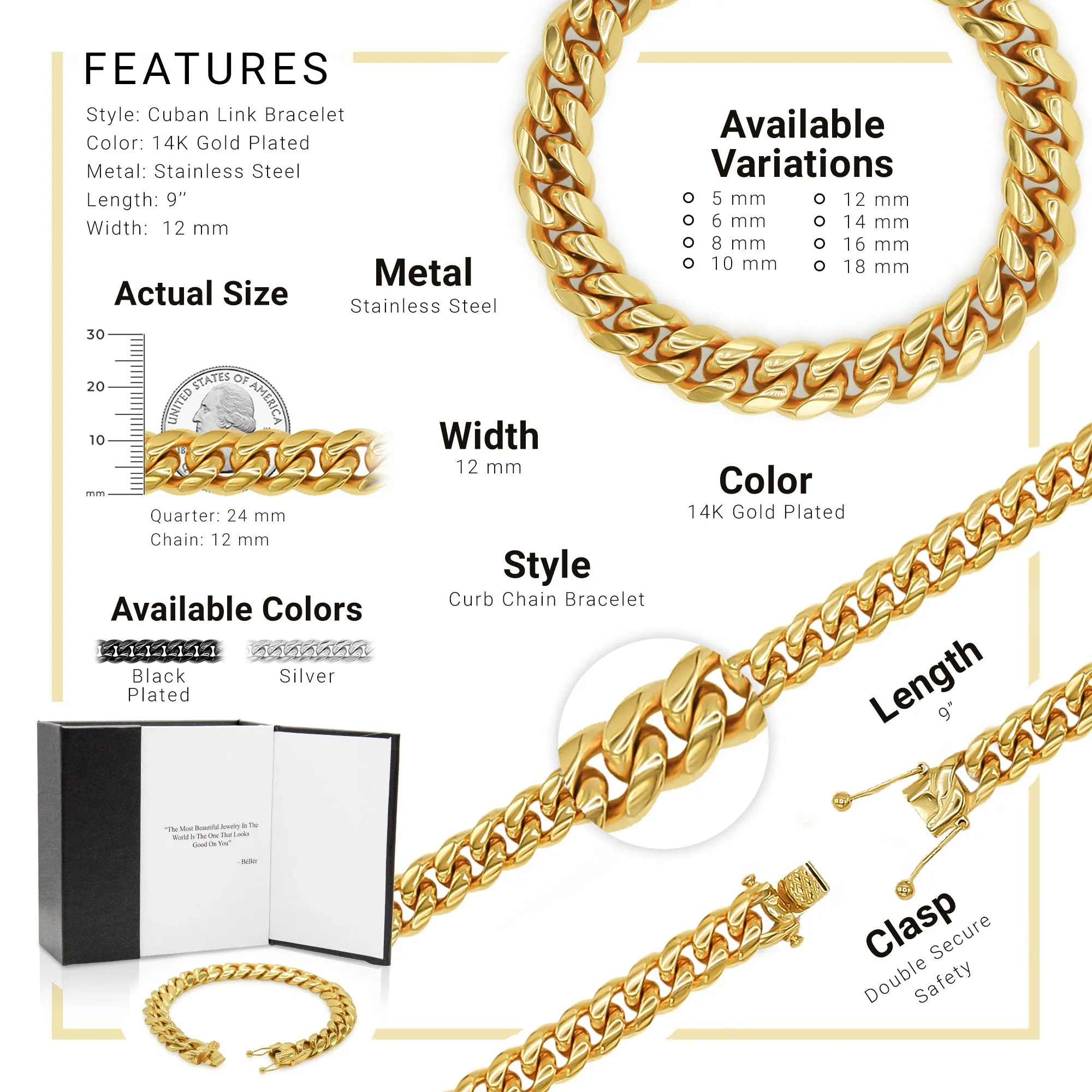 Cuban Link Chain 14K Gold Plated Curb Bracelet 8.5" Stainless Steel Men Jewelry
