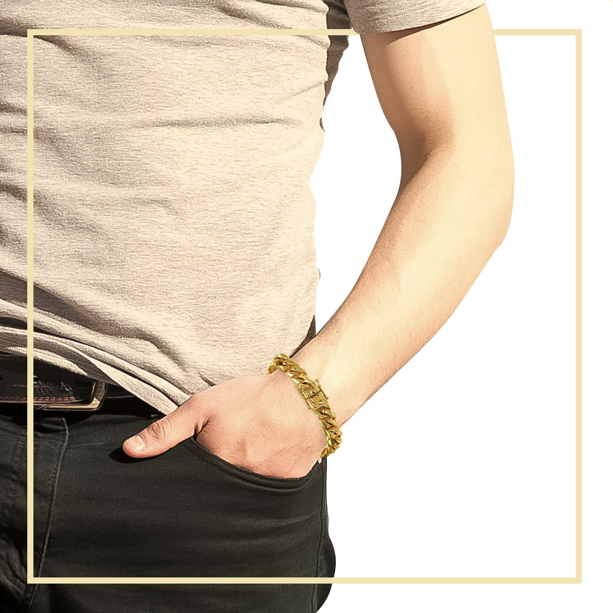 Cuban Link Chain 14K Gold Plated Curb Bracelet 8.5" Stainless Steel Men Jewelry