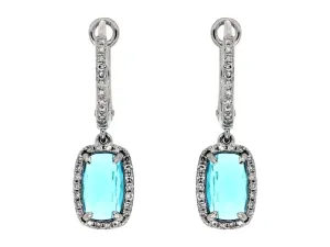 Cushion Cut Blue Topaz and Diamond Halo Drop Earrings