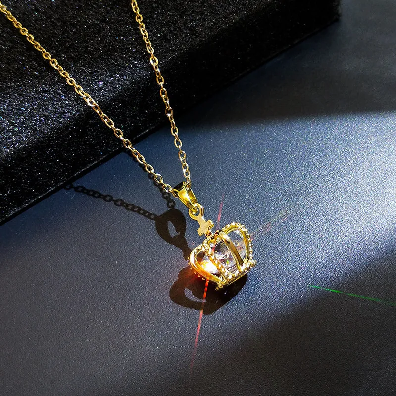 Dainty Crown with Zirconia Stone Pendant Gold Necklace Stainless Steel