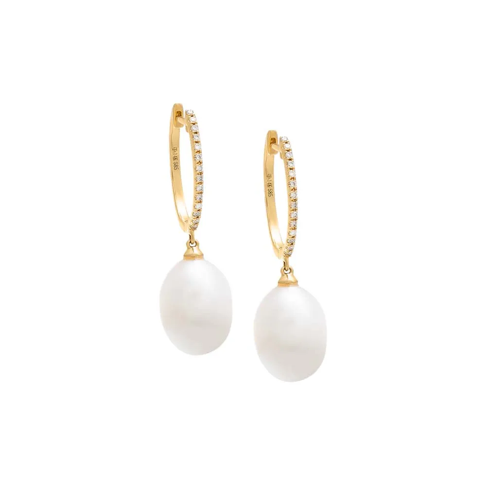 Dangling Pearl Oval Diamond Huggie Earring 14K