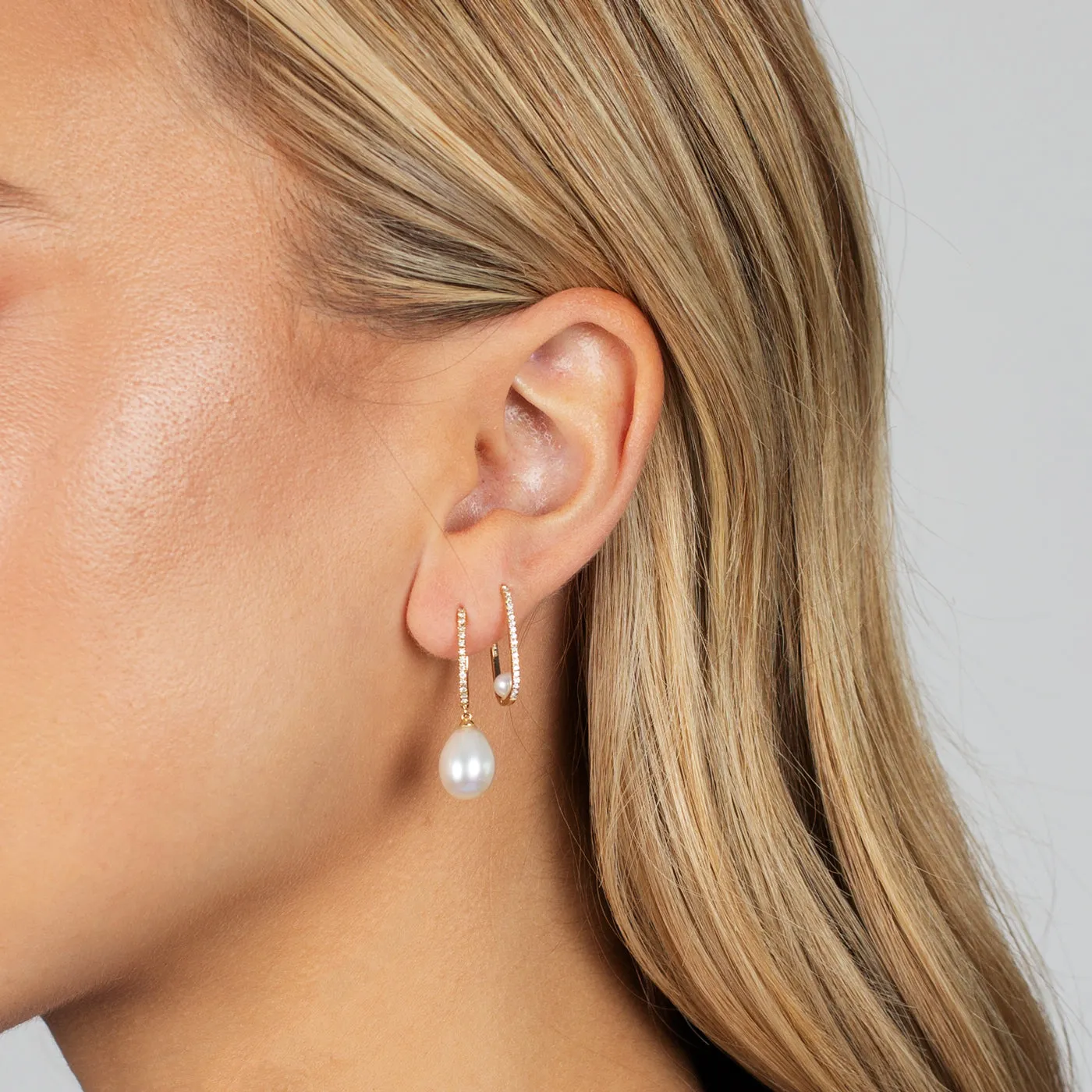 Dangling Pearl Oval Diamond Huggie Earring 14K