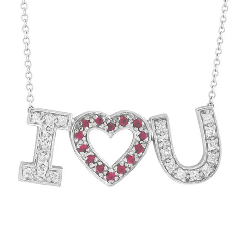 DIAMOND & ROSE SAPPHIRE “I LOVE YOU” PENDANT NECKLACE 14K GOLD (0.44 CTW)