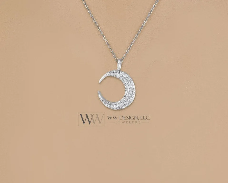 Diamond Crescent Moon Necklace Pendant 0.33ctw 14k SOLID Gold (Y, W, R), Platinum 15mm Pendant Jewelry Christmas Gift