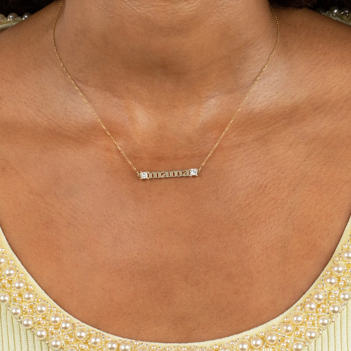 Diamond Princess Cut Mama Necklace 14K