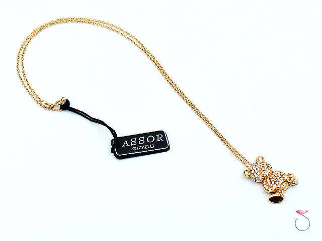 Diamond Teddy Bear Pendant 18K Rose Gold on 16 Inch Chain By Assor Gioielli