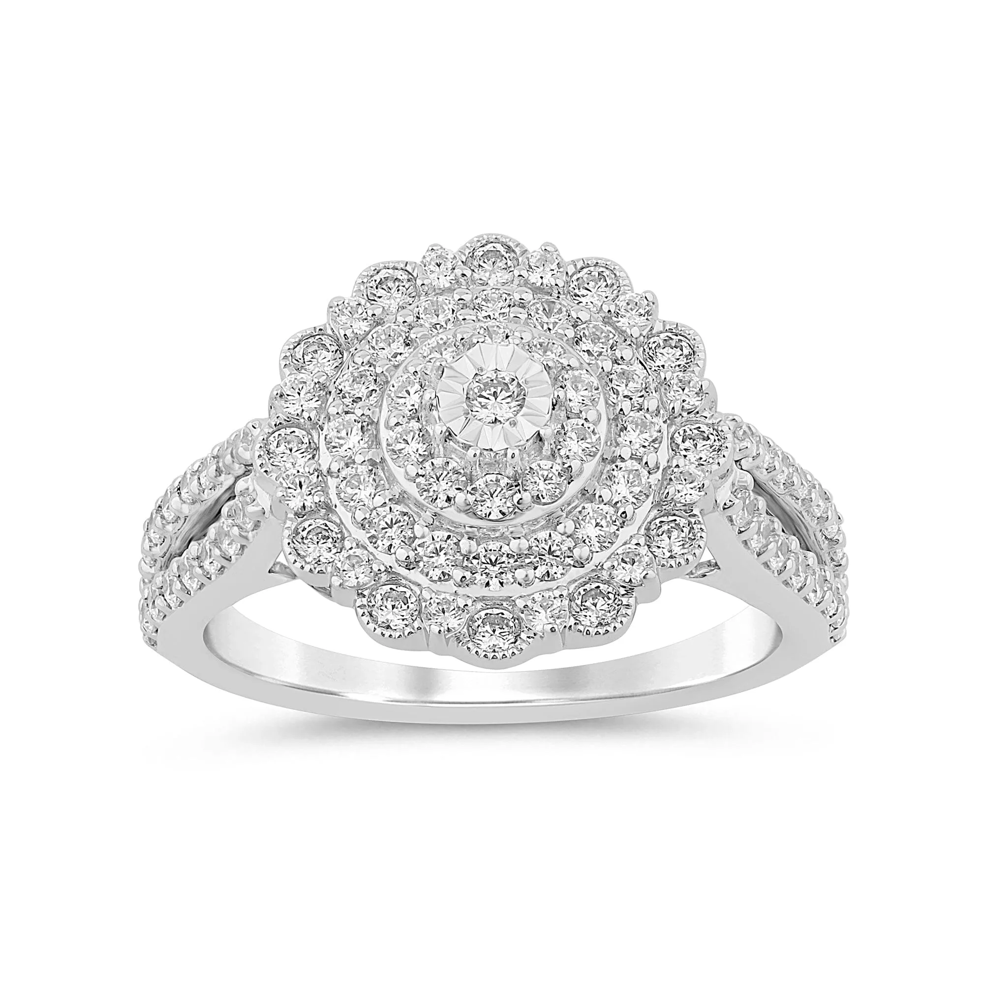 Double Halo Fancy Surround Ring with 1.00ct of Diamonds in 9ct White Gold