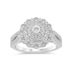 Double Halo Fancy Surround Ring with 1.00ct of Diamonds in 9ct White Gold