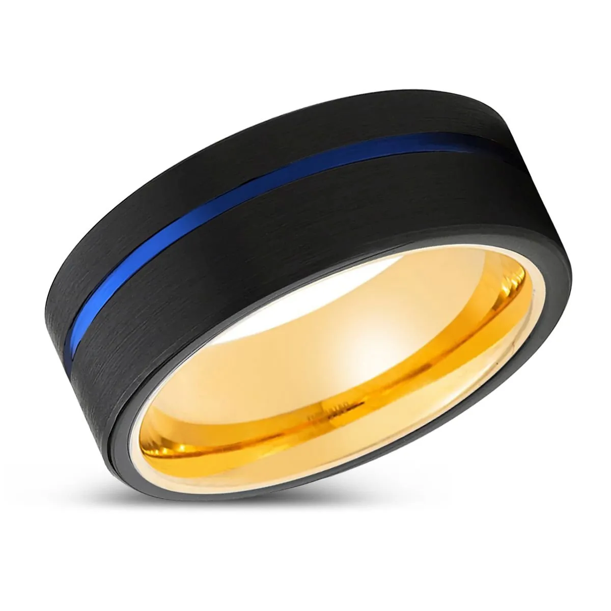 DRIFTER | Gold Ring, Black Tungsten Ring, Blue Offset Groove, Flat
