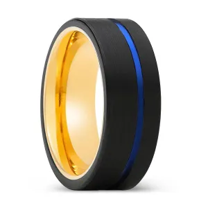 DRIFTER | Gold Ring, Black Tungsten Ring, Blue Offset Groove, Flat
