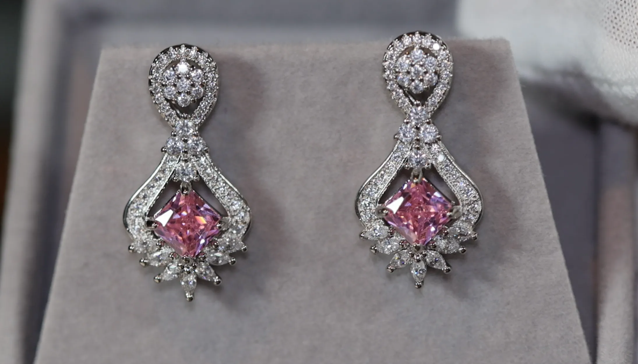Drop Earrings | Princess Cut Diamond Earrings | Pink Diamond Earrings | Classy Diamond Earrings | Womens Earrings | Dangle Earrings