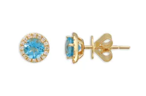 Earrings 14kt Gold Blue Topaz & Diamonds Studs