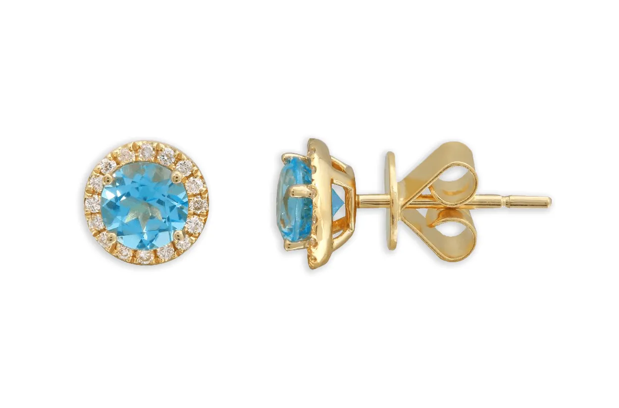 Earrings 14kt Gold Blue Topaz & Diamonds Studs