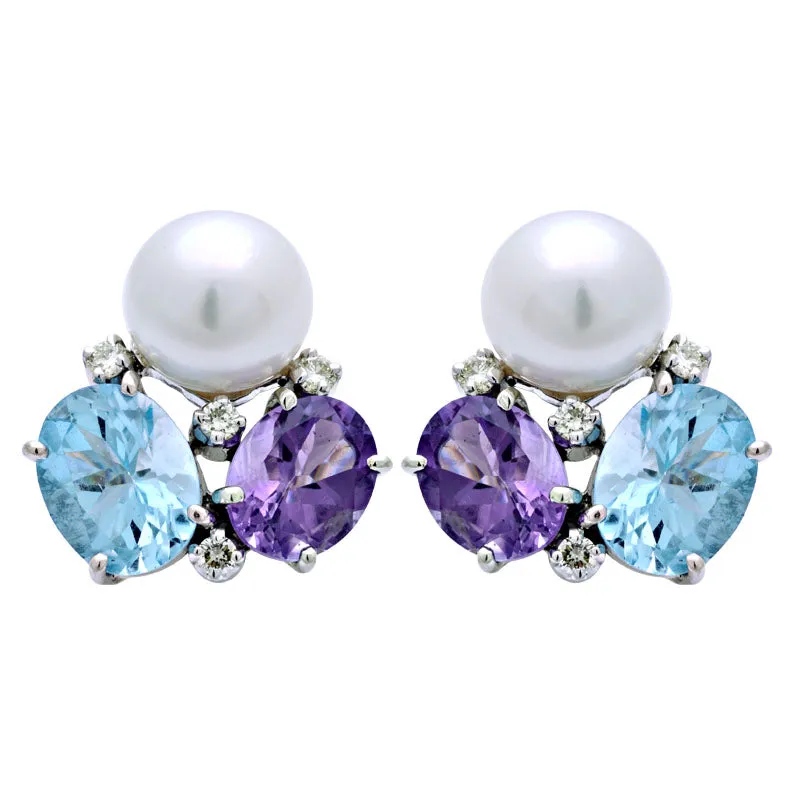 Earrings-Amethyst, Blue Topaz, South Sea Pearl and Diamond