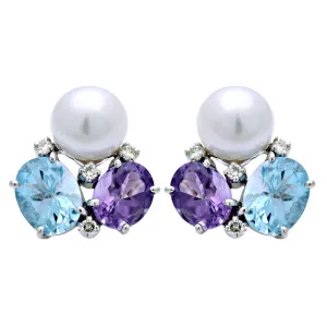 Earrings-Amethyst, Blue Topaz, South Sea Pearl and Diamond
