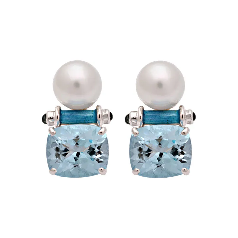 Earrings-Blue Topaz, Iolite and South Sea Pearl (Enamel)