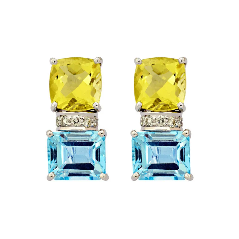 Earrings-Blue Topaz, Lemon Quartz and Diamond
