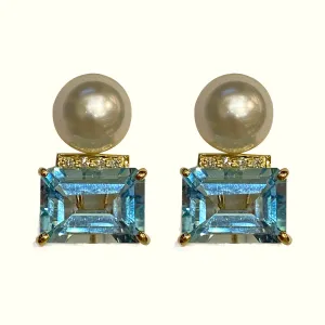 Earrings - Blue Topaz, South Sea Pearl and Diamond in 18k Gold