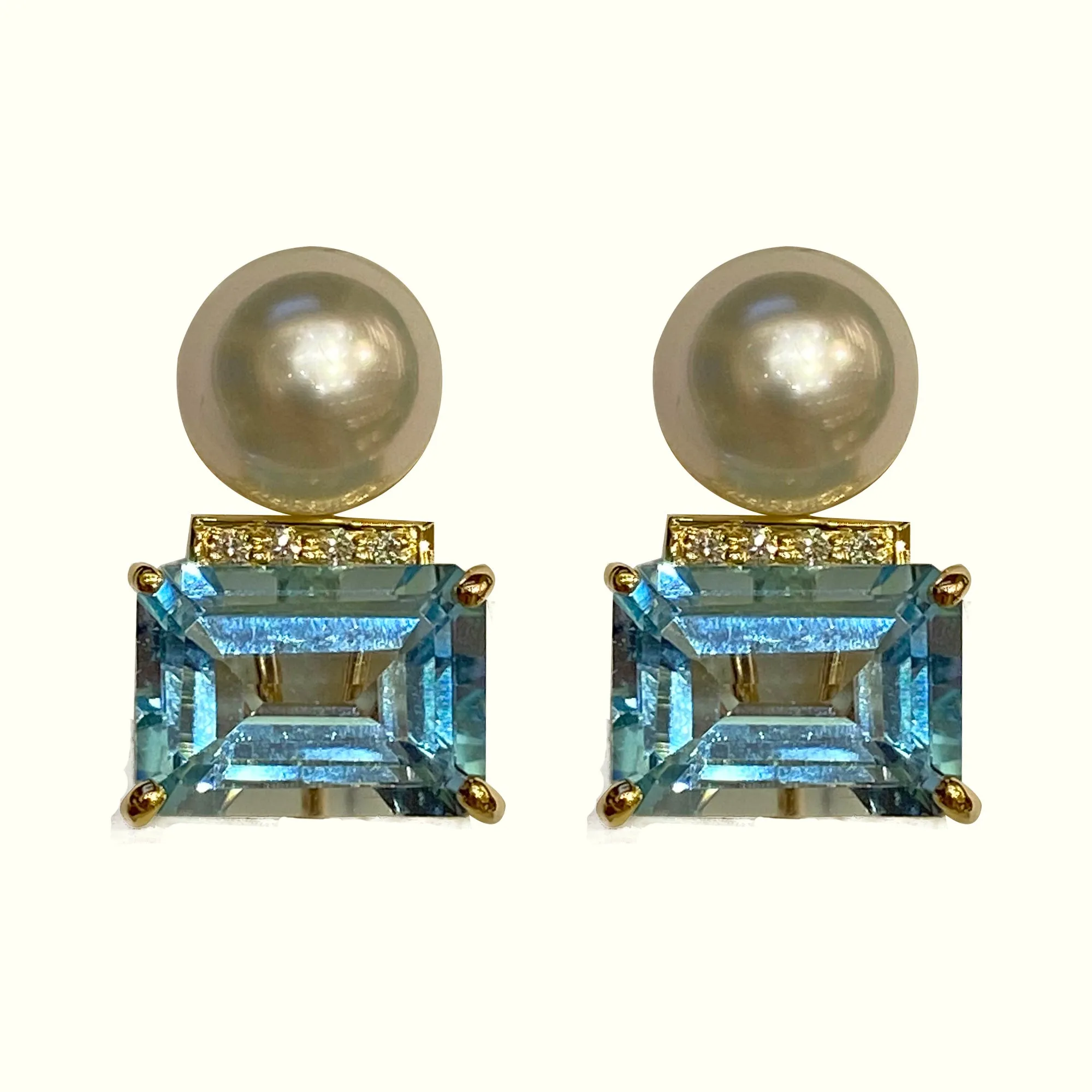 Earrings - Blue Topaz, South Sea Pearl and Diamond in 18k Gold