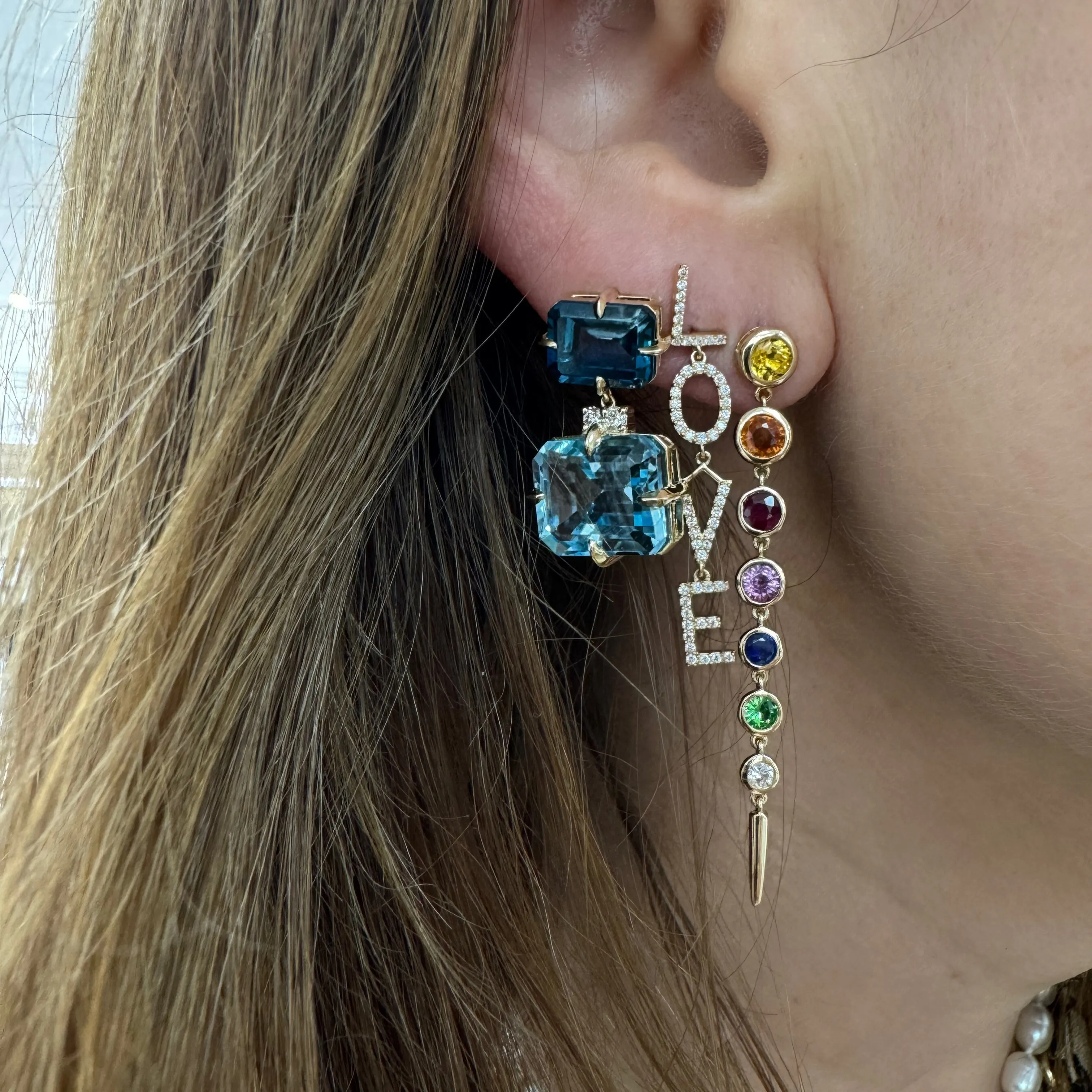 East West Blue Topaz & Diamond Double Drop Earrings