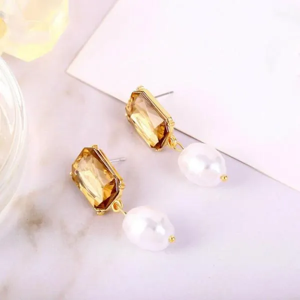 Emerald Cut Topaz Colored Faux Pearl Earrings