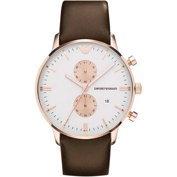 Emporio Armani Classic Brown Leather Strap Silver Dial Chronograph Quartz Watch for Gents - AR0398