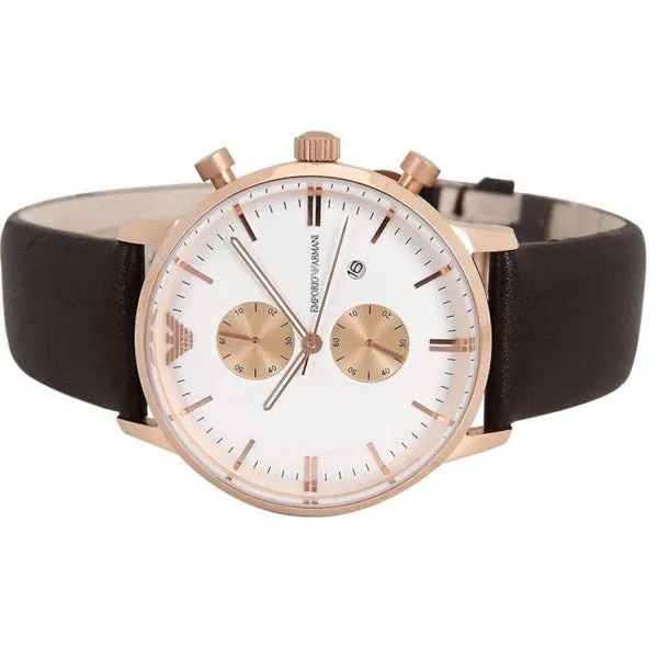 Emporio Armani Classic Brown Leather Strap Silver Dial Chronograph Quartz Watch for Gents - AR0398