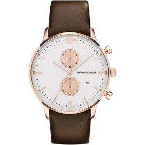 Emporio Armani Classic Brown Leather Strap Silver Dial Chronograph Quartz Watch for Gents - AR0398