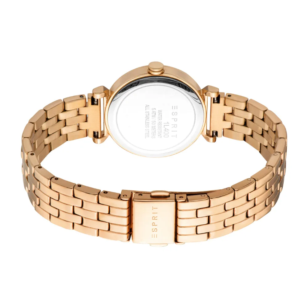 ESPRIT Women Watch, Rose Gold Color Case, Silver Dial, Rose Gold Color Metal Bracelet, 3 Hands, 5 ATM