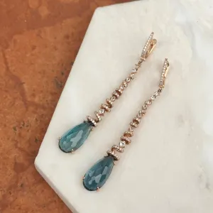 Estate 14KT Rose Gold Blue Topaz   Spiral Pave Diamond Huggie Drop Earrings