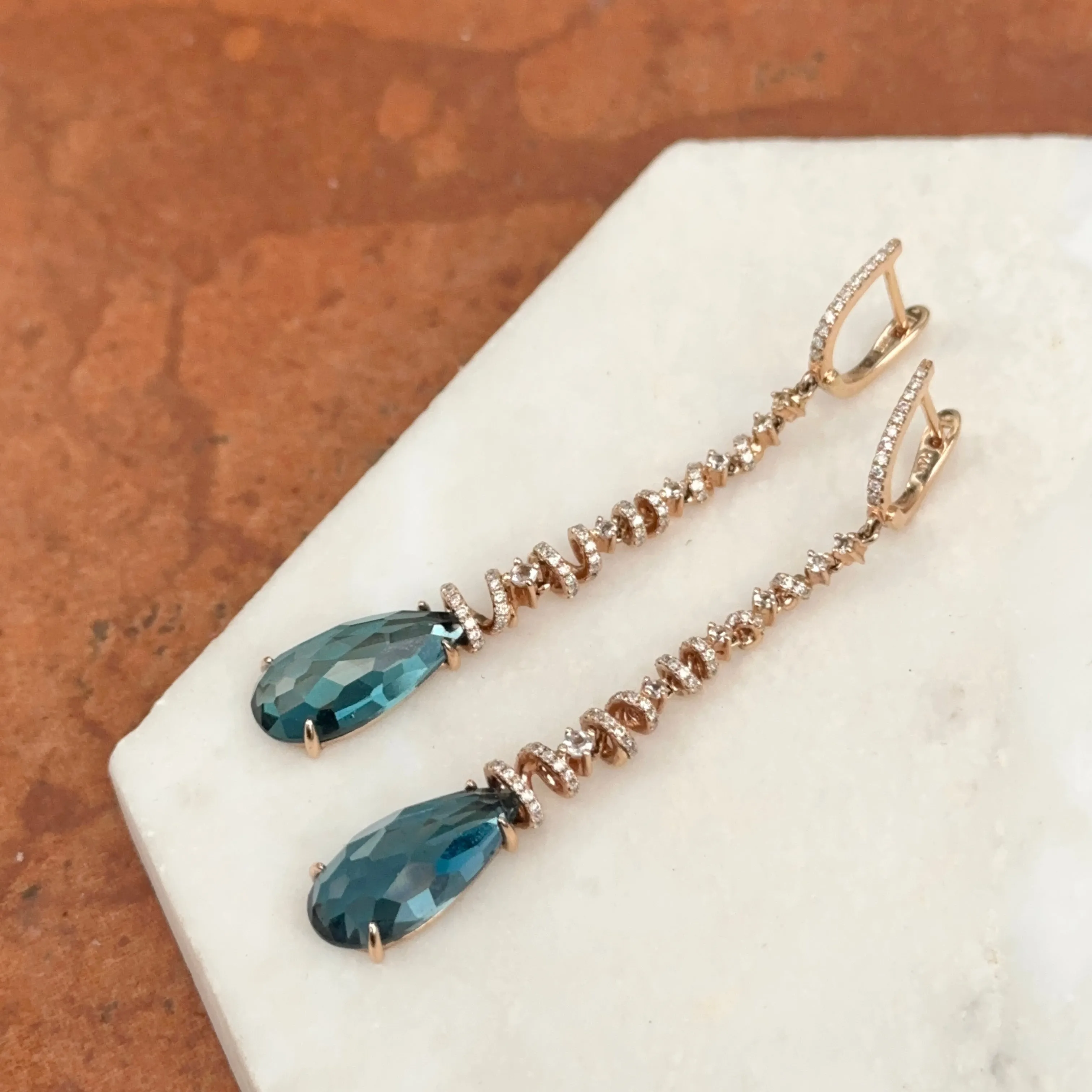 Estate 14KT Rose Gold Blue Topaz   Spiral Pave Diamond Huggie Drop Earrings
