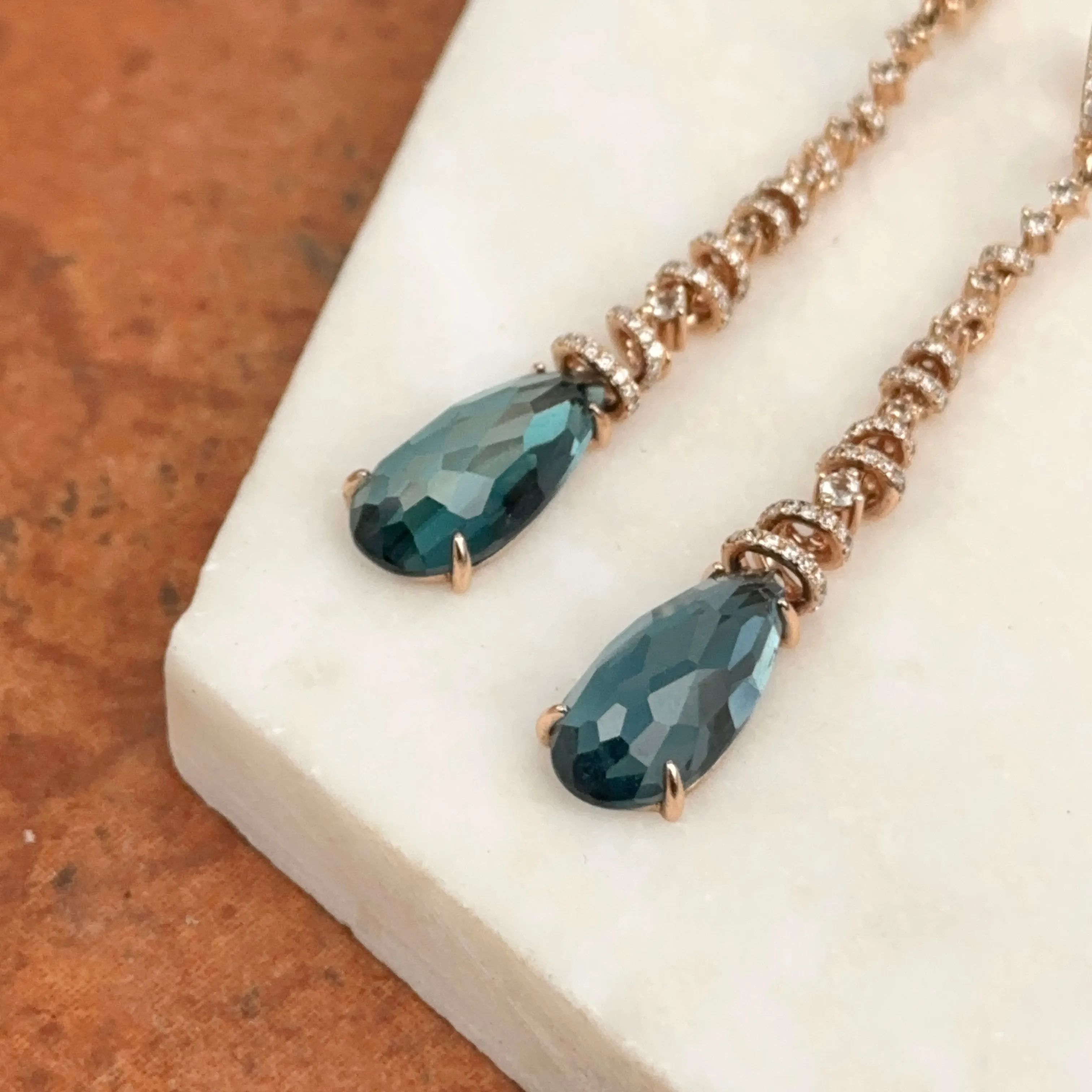 Estate 14KT Rose Gold Blue Topaz   Spiral Pave Diamond Huggie Drop Earrings