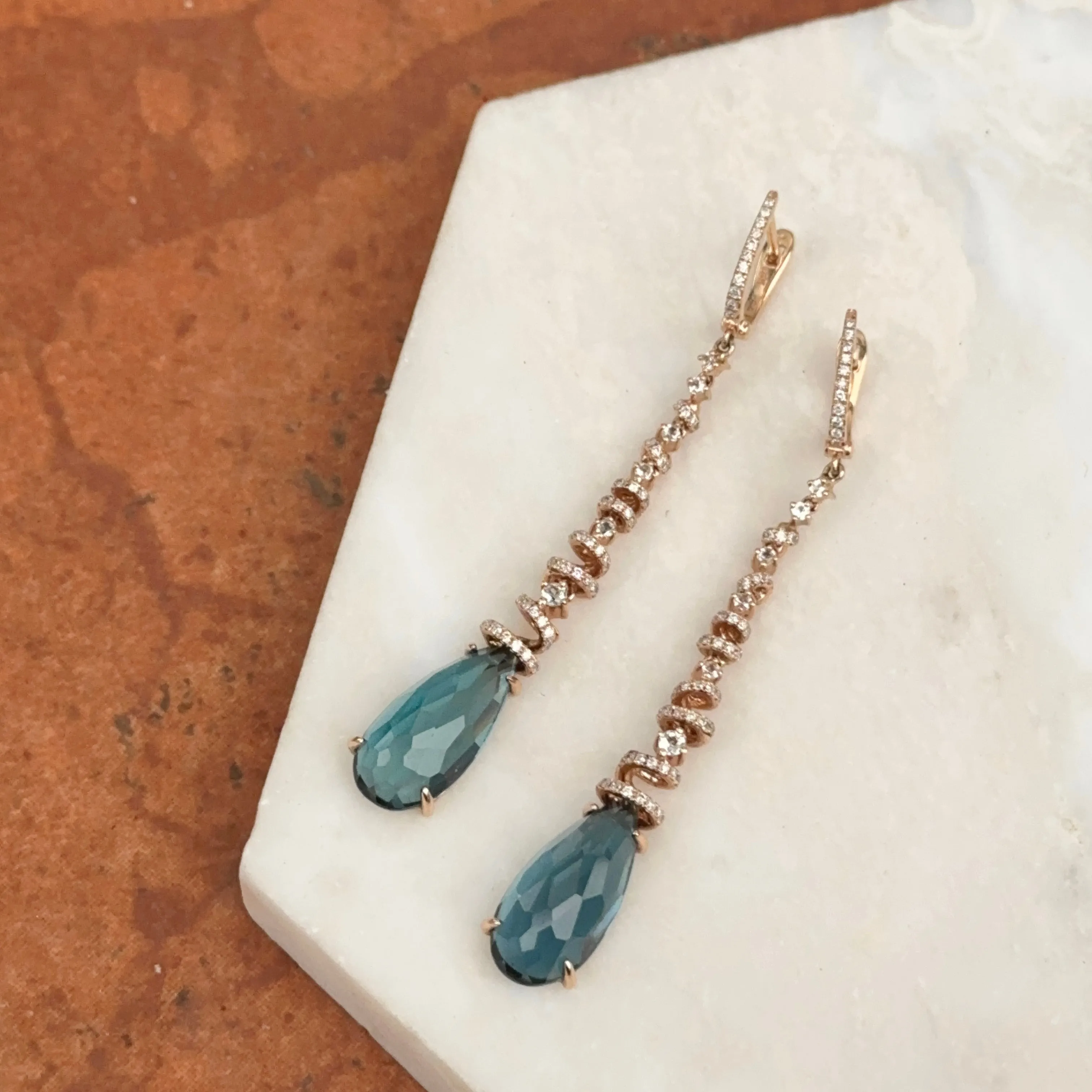 Estate 14KT Rose Gold Blue Topaz   Spiral Pave Diamond Huggie Drop Earrings