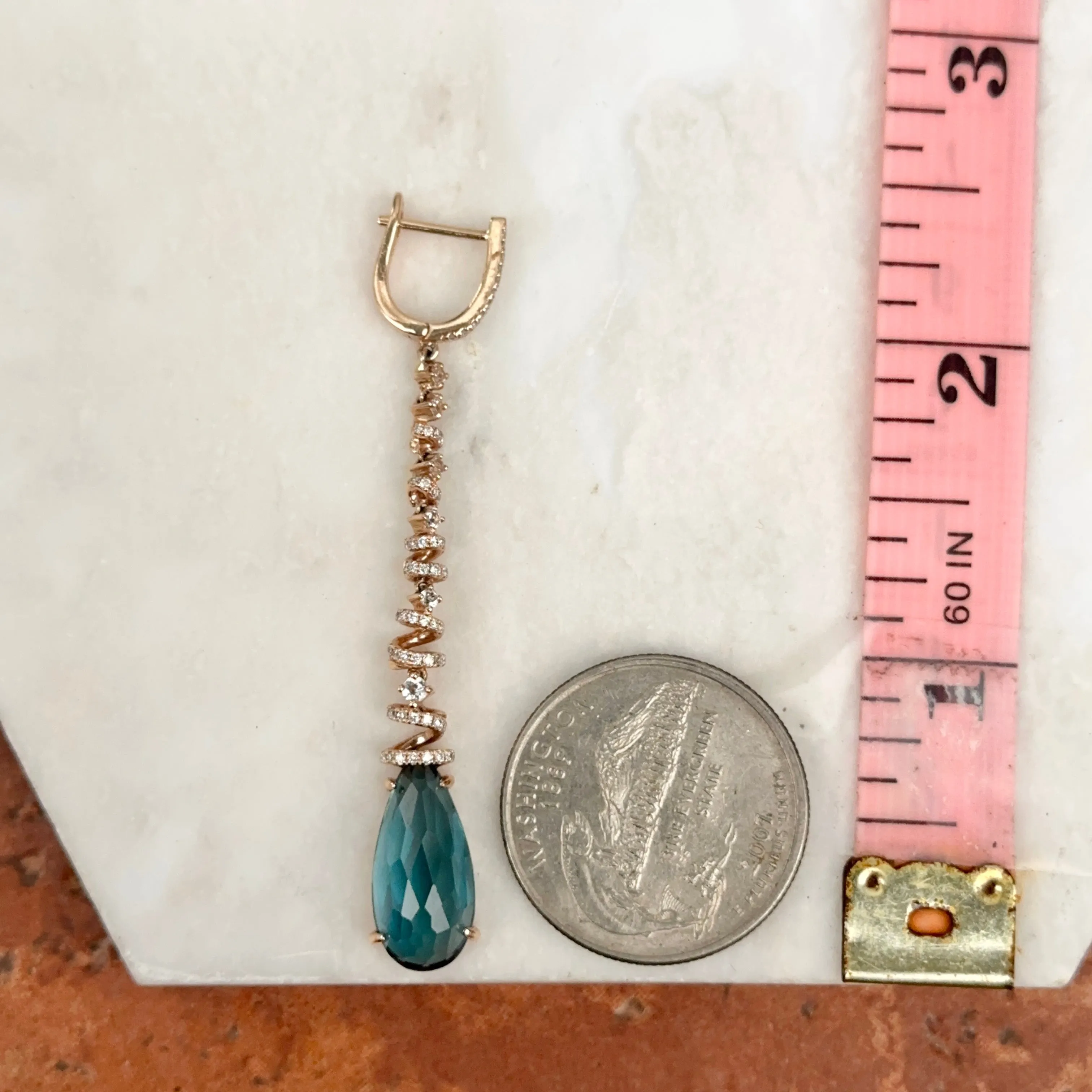 Estate 14KT Rose Gold Blue Topaz   Spiral Pave Diamond Huggie Drop Earrings