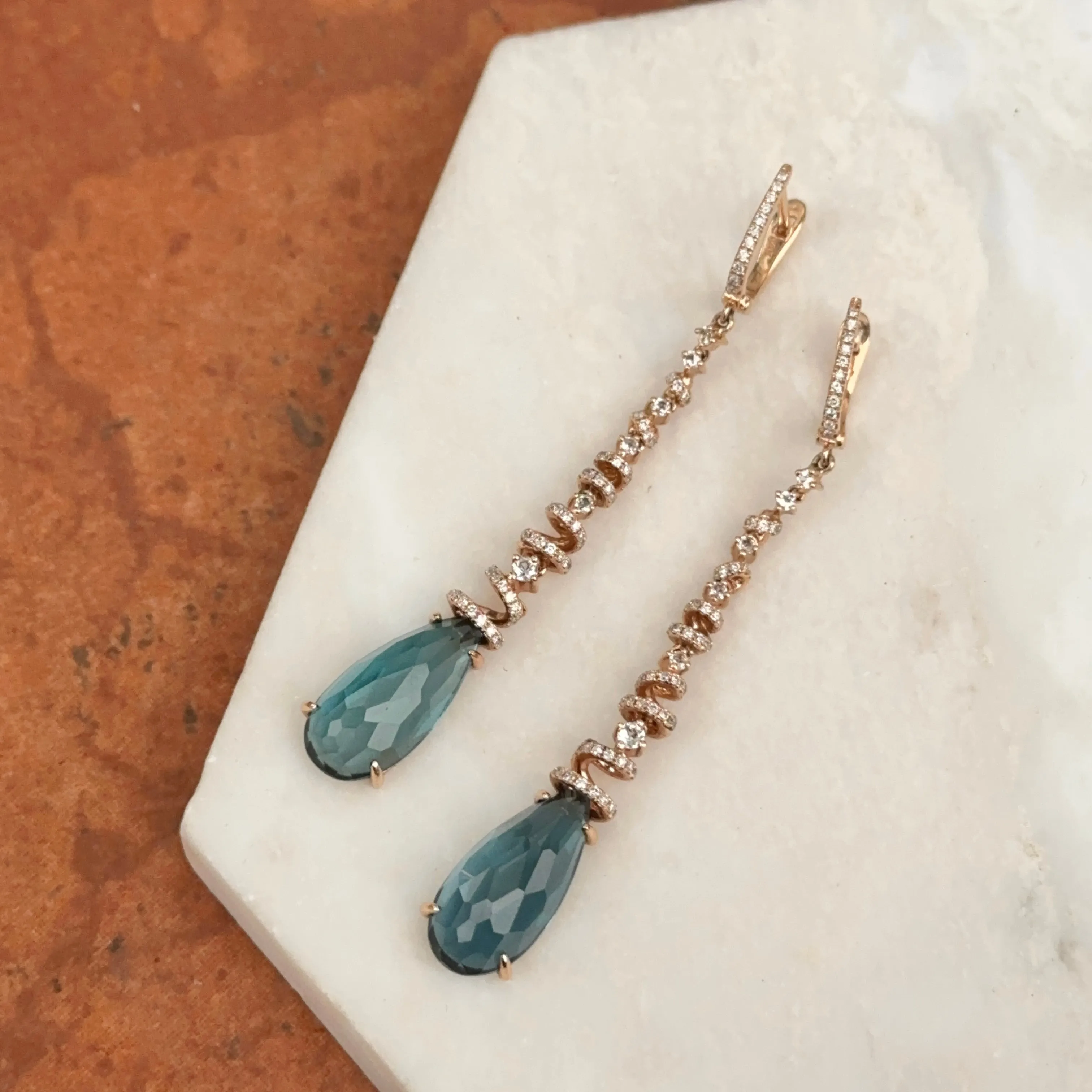 Estate 14KT Rose Gold Blue Topaz   Spiral Pave Diamond Huggie Drop Earrings