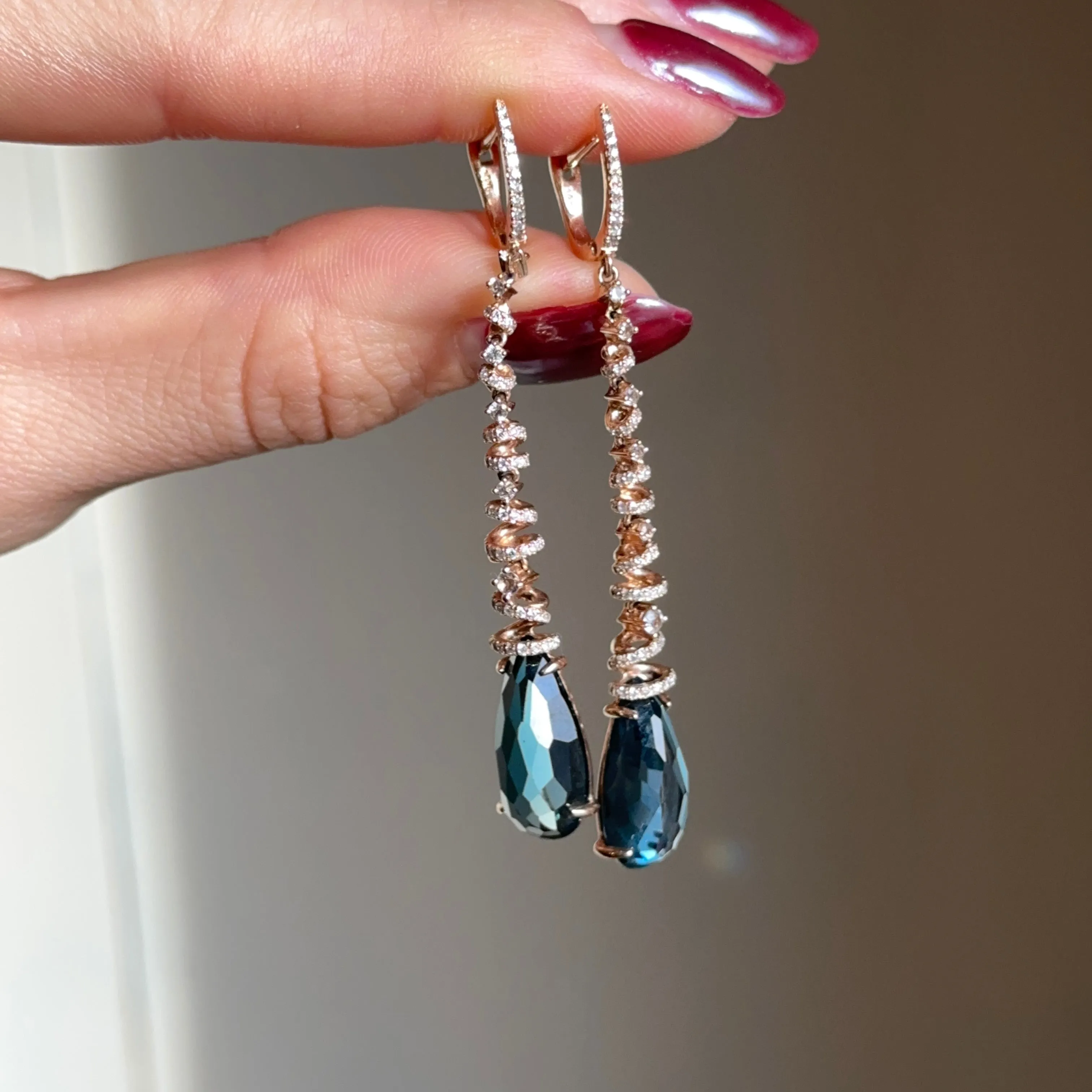 Estate 14KT Rose Gold Blue Topaz   Spiral Pave Diamond Huggie Drop Earrings