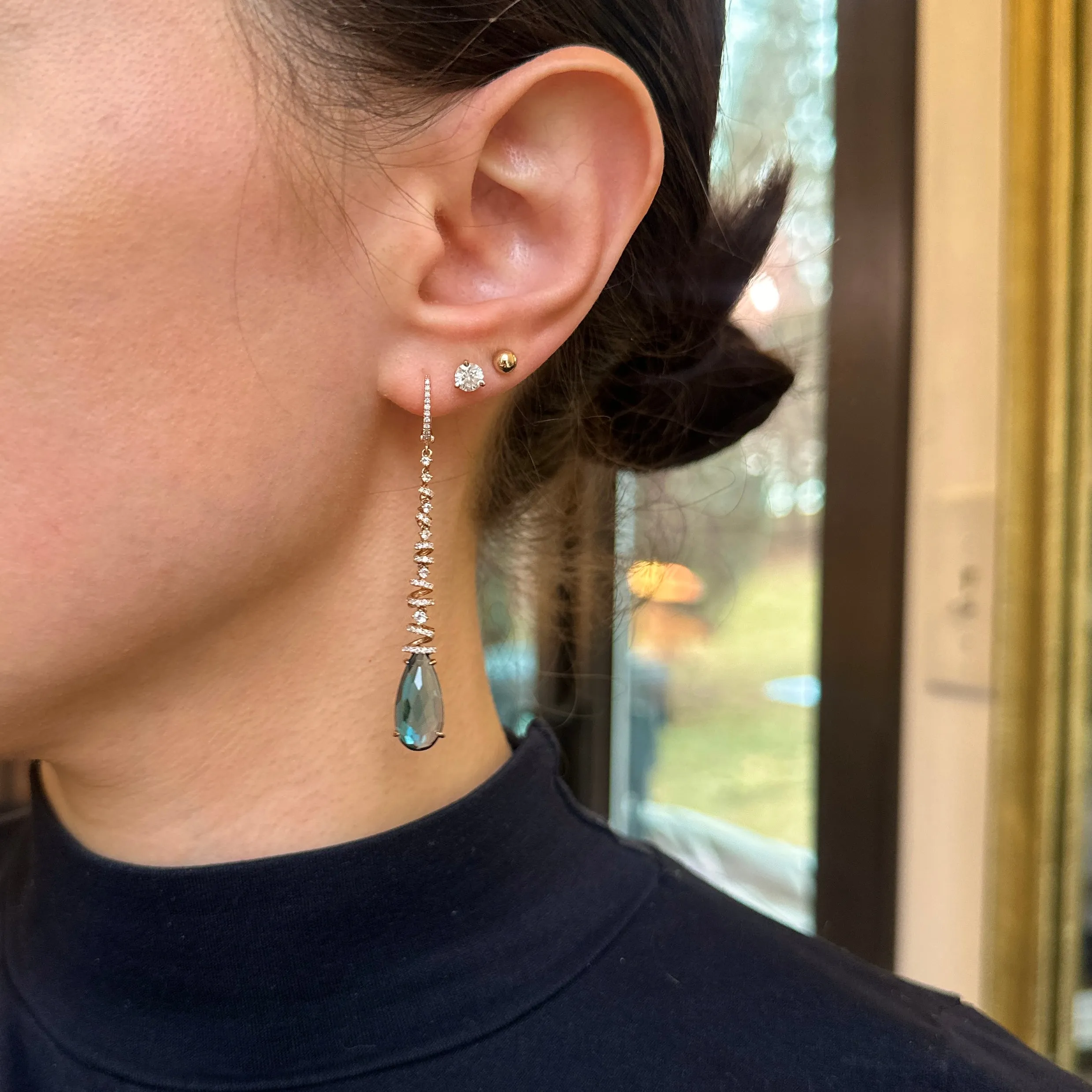 Estate 14KT Rose Gold Blue Topaz   Spiral Pave Diamond Huggie Drop Earrings