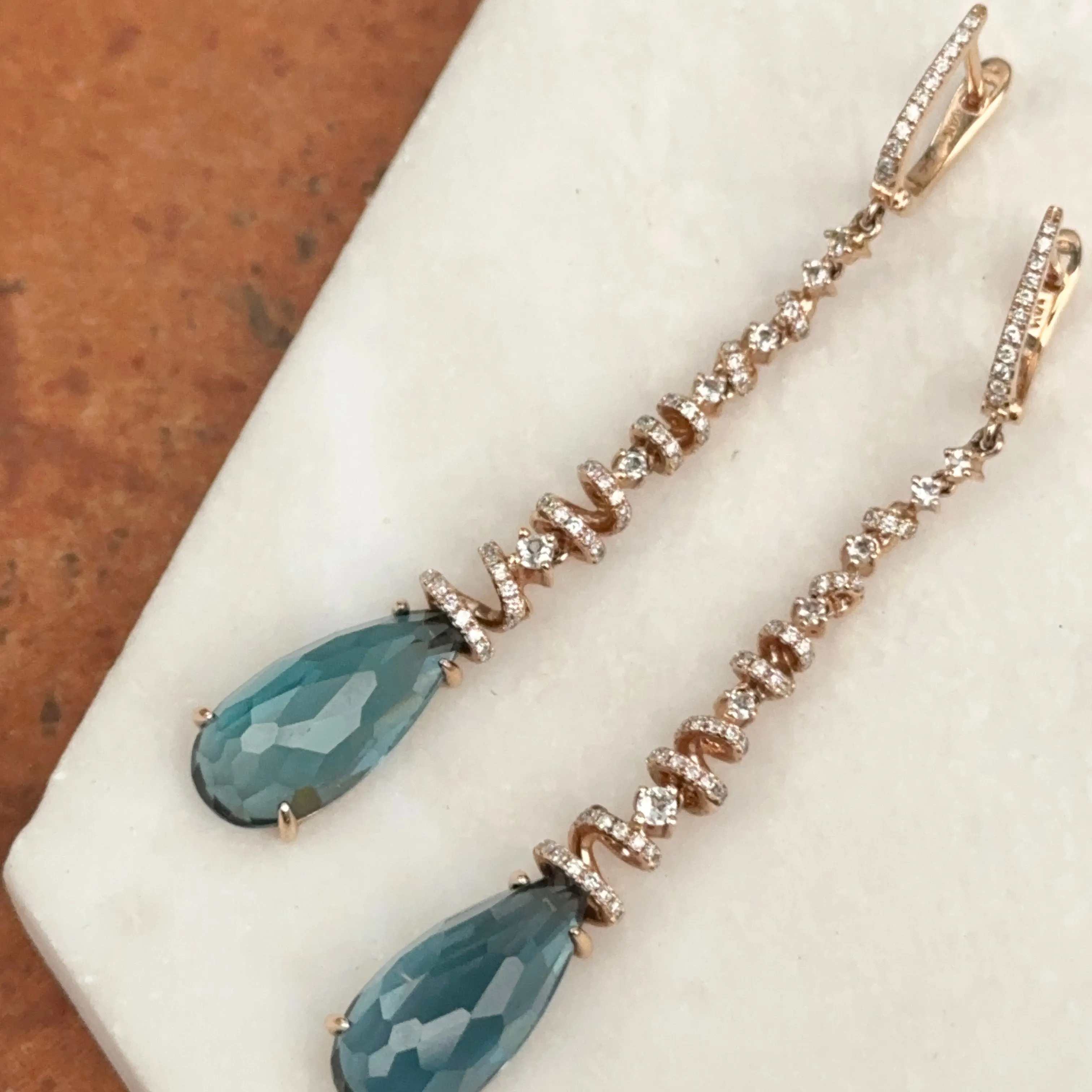 Estate 14KT Rose Gold Blue Topaz   Spiral Pave Diamond Huggie Drop Earrings