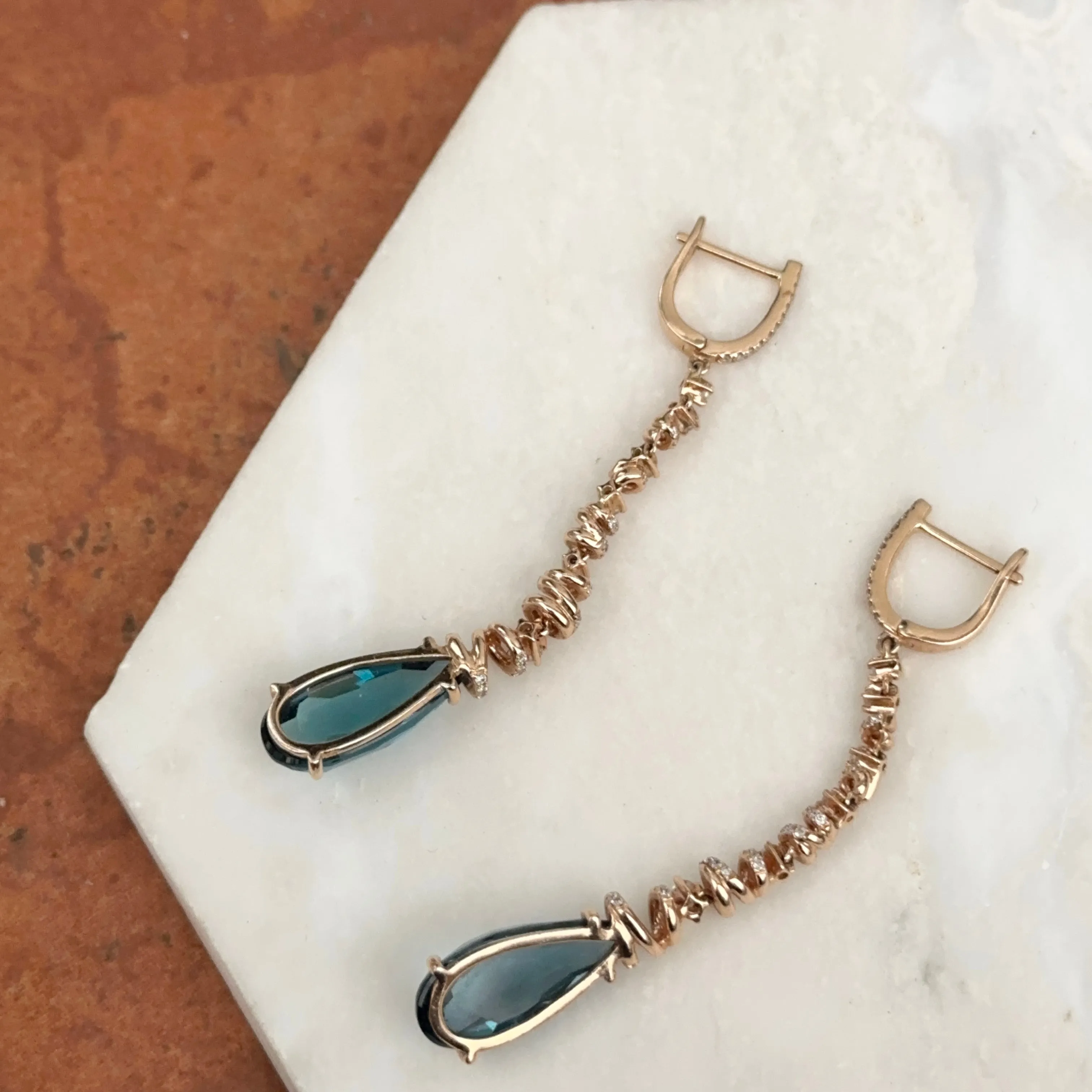 Estate 14KT Rose Gold Blue Topaz   Spiral Pave Diamond Huggie Drop Earrings