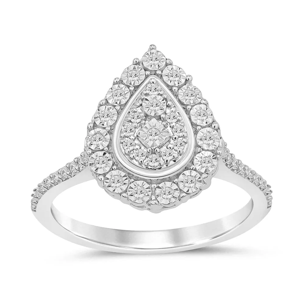 Facets of Love Halo Pear Shaped Ring with 0.15ct of Diamonds in 18ct White Gold