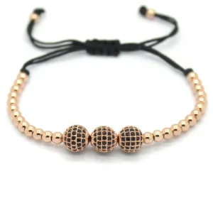 Famous Women Bracelets,8mm Pave Setting Black CZ Beads & 18K Rose Gold 4mm Round Beads & Braiding Bracelet For Women