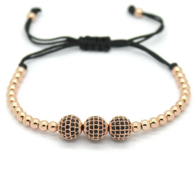 Famous Women Bracelets,8mm Pave Setting Black CZ Beads & 18K Rose Gold 4mm Round Beads & Braiding Bracelet For Women