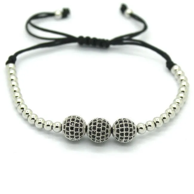 Famous Women Bracelets,8mm Pave Setting Black CZ Beads & 18K Rose Gold 4mm Round Beads & Braiding Bracelet For Women