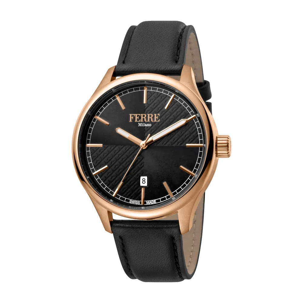 Ferre Milano Men's Watch Ip Rose Gold Case Black Dial & Black Leather Strap