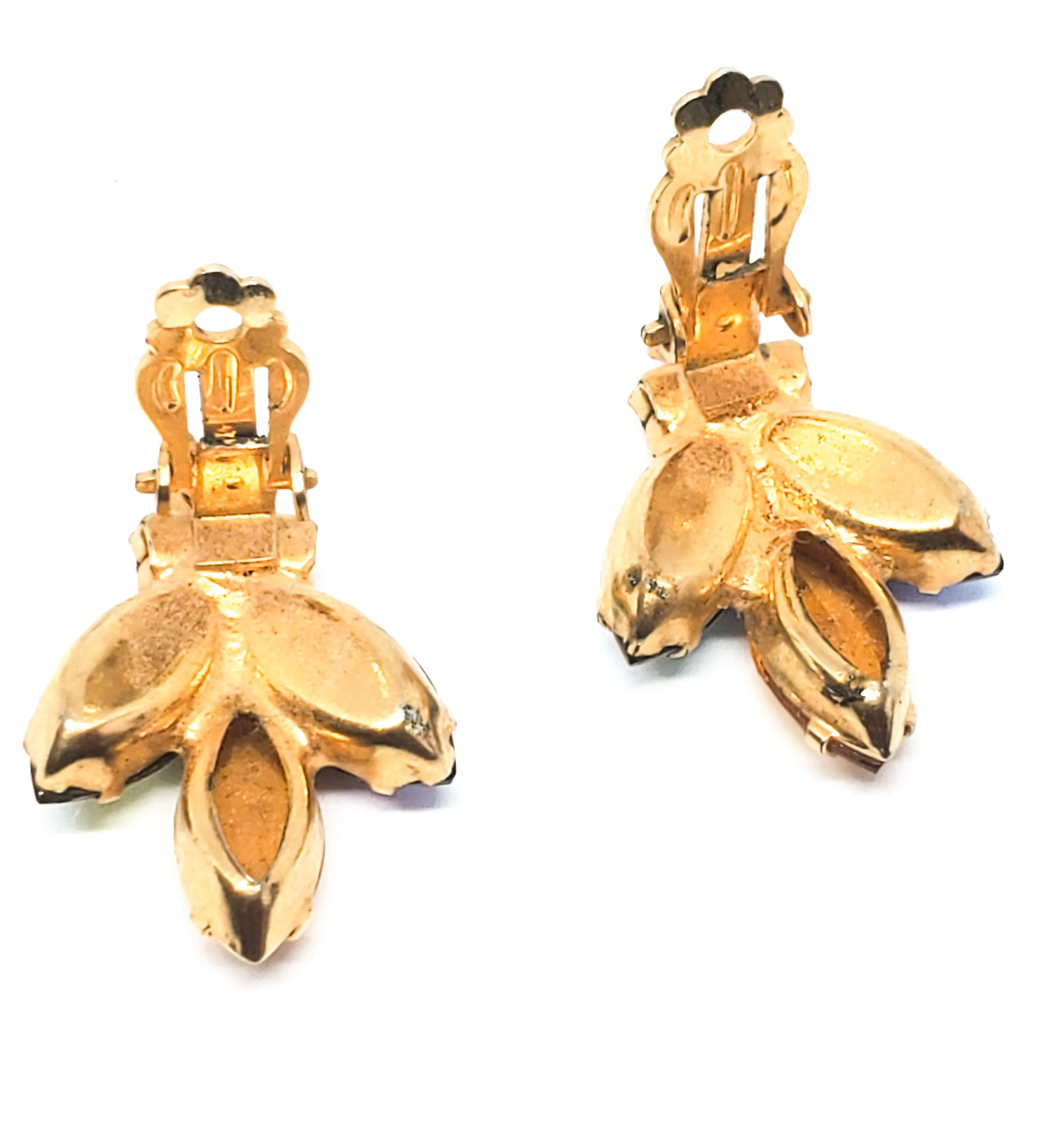 Figural Bee aurora borealis and topaz rhinestone vintage clip on earrings