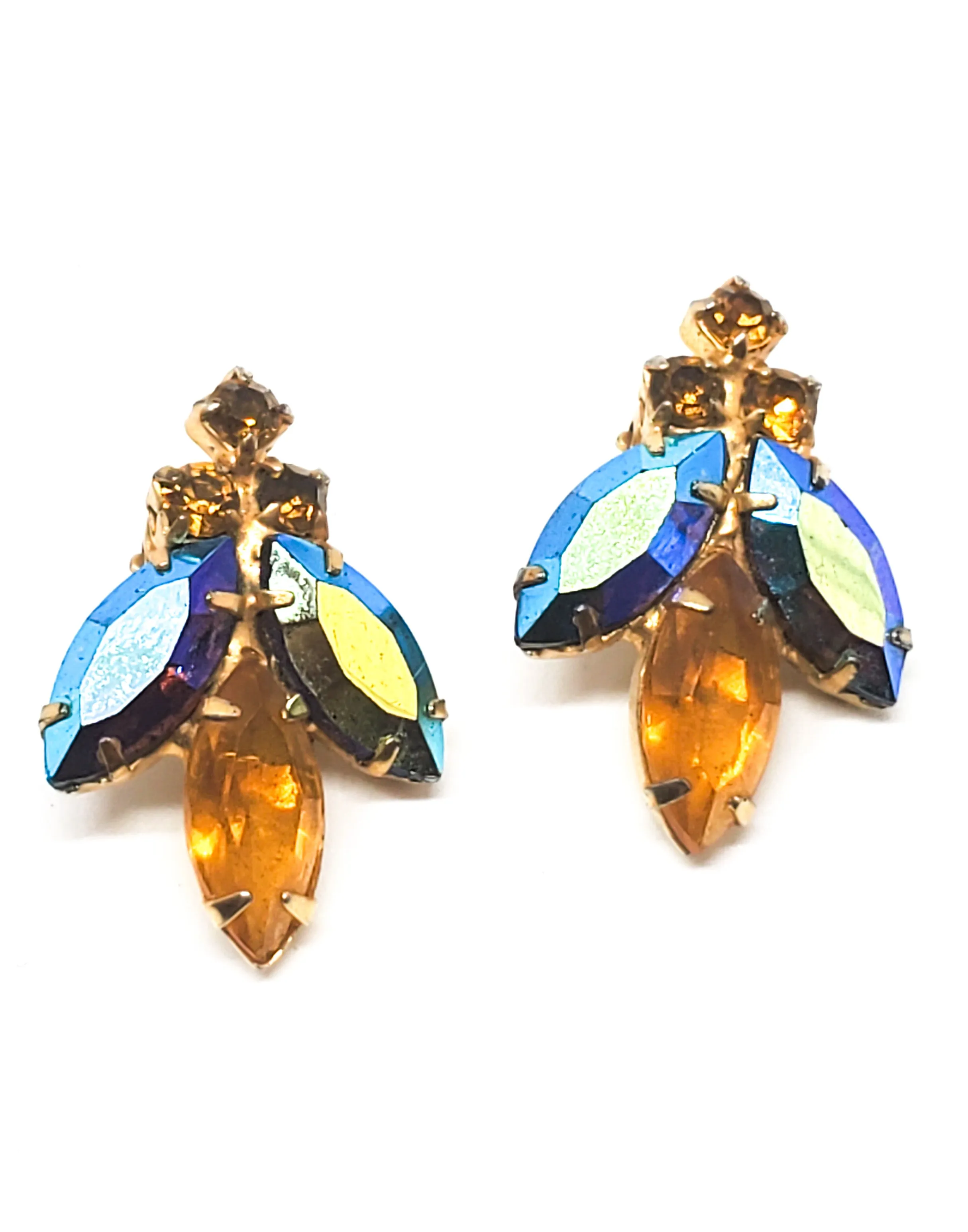 Figural Bee aurora borealis and topaz rhinestone vintage clip on earrings
