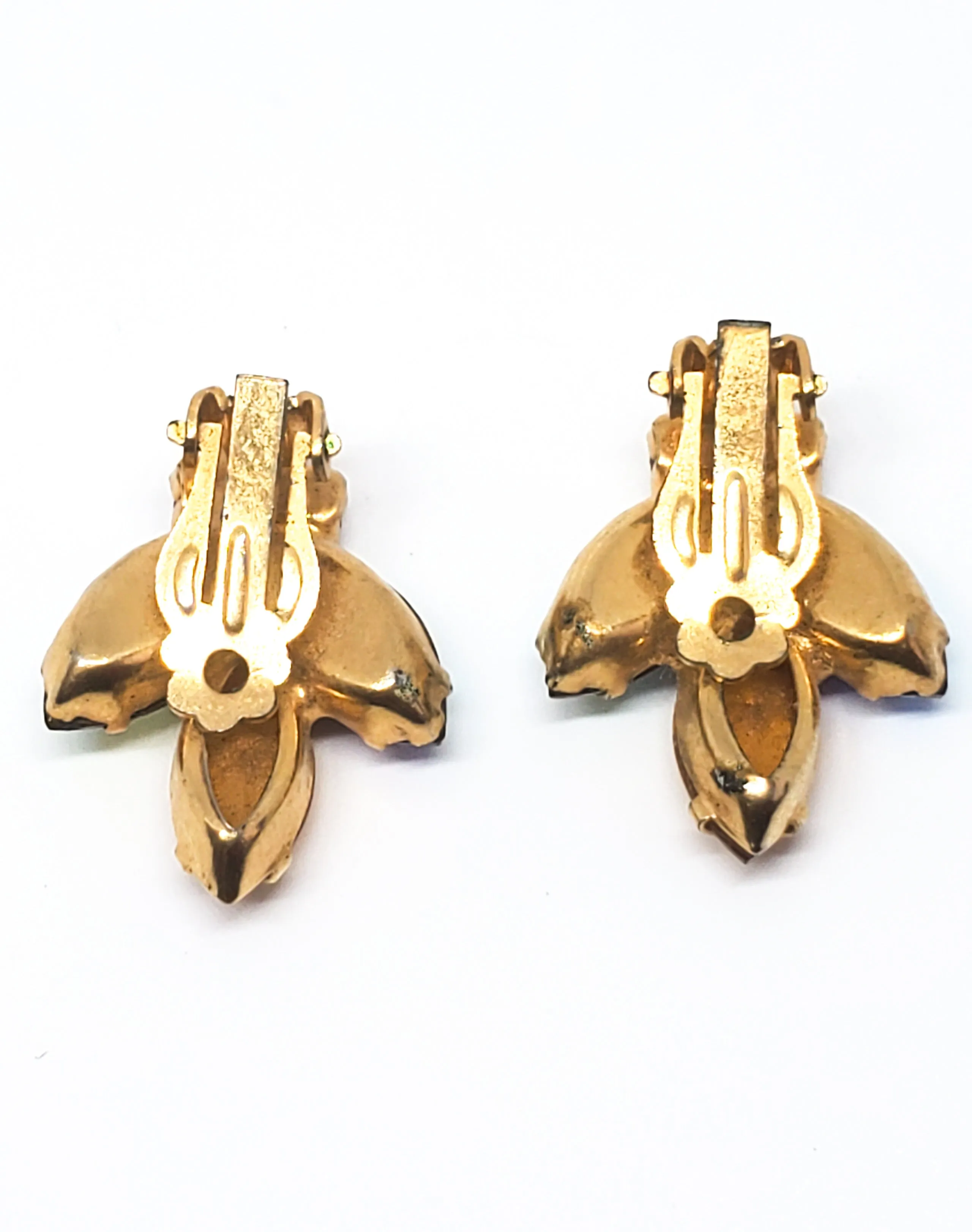 Figural Bee aurora borealis and topaz rhinestone vintage clip on earrings